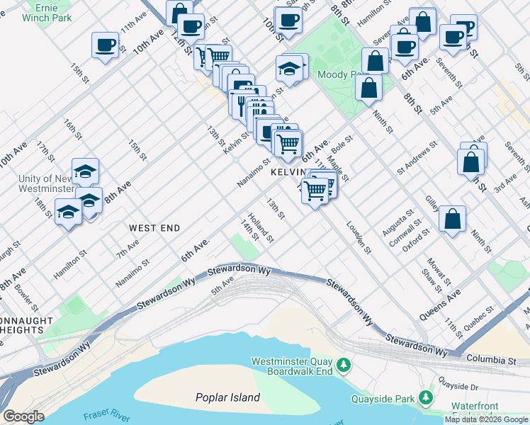 map of restaurants, bars, coffee shops, grocery stores, and more near 526 13th Street in New Westminster