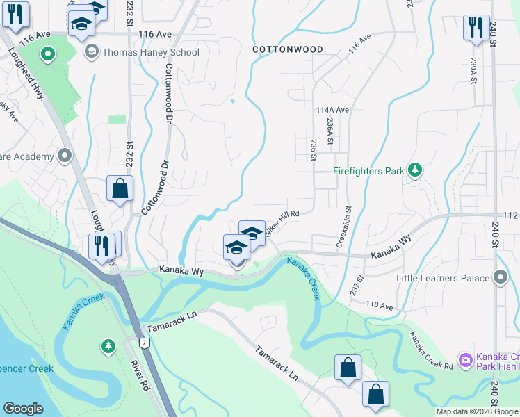 map of restaurants, bars, coffee shops, grocery stores, and more near 23539 Gilker Hill Road in Maple Ridge