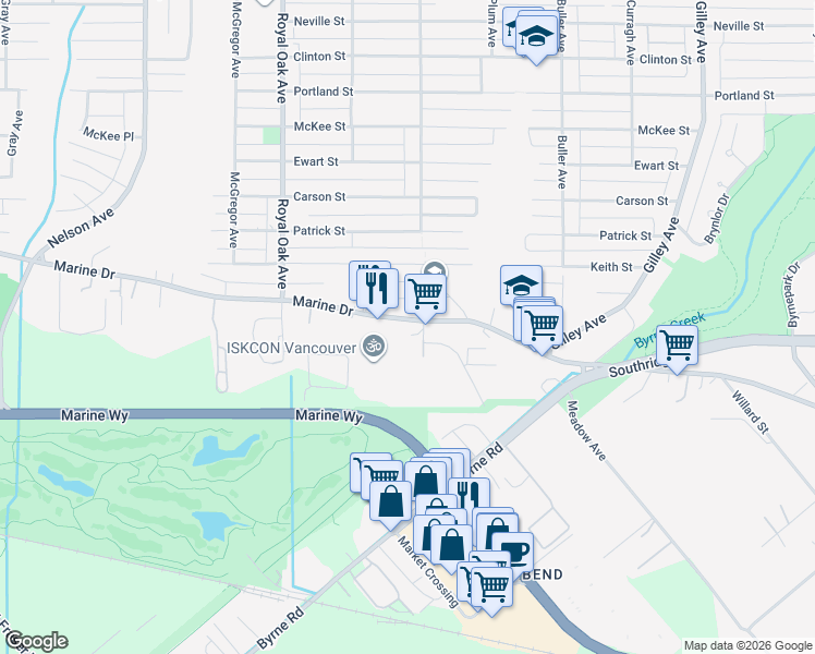 map of restaurants, bars, coffee shops, grocery stores, and more near 5570 Marine Drive in Burnaby