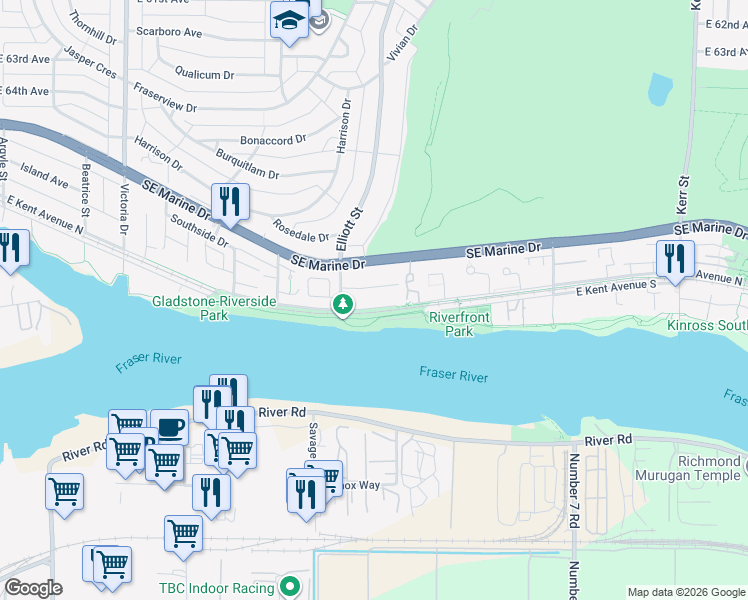 map of restaurants, bars, coffee shops, grocery stores, and more near 2541 East Kent Avenue North in Vancouver