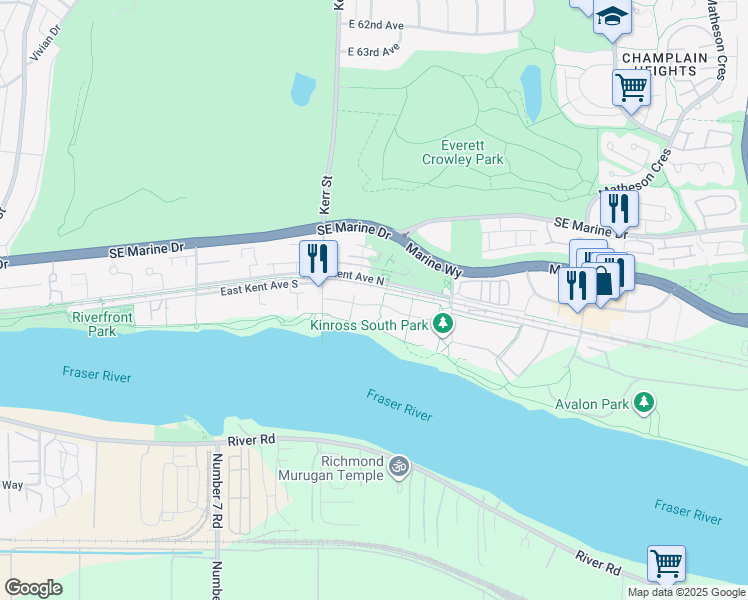 map of restaurants, bars, coffee shops, grocery stores, and more near 108 Riverwalk Avenue in Vancouver