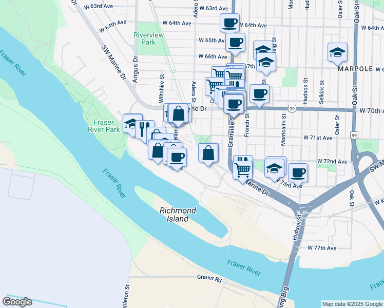 map of restaurants, bars, coffee shops, grocery stores, and more near 1586 Rand Avenue in Vancouver