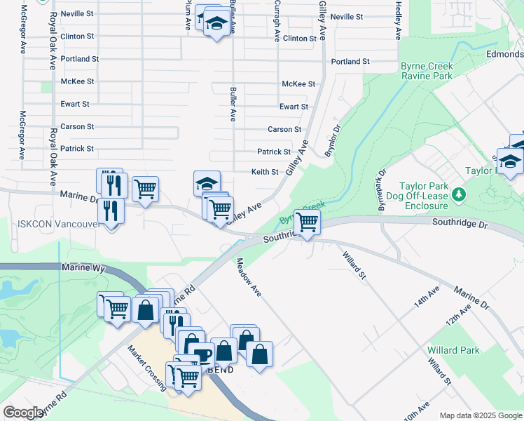 map of restaurants, bars, coffee shops, grocery stores, and more near 8626 Gilley Avenue in Burnaby