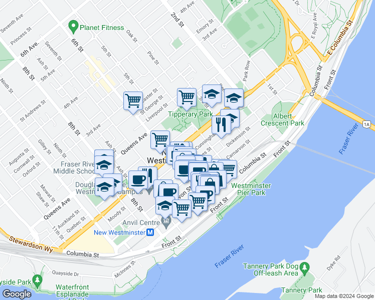 map of restaurants, bars, coffee shops, grocery stores, and more near 516 Royal Avenue in New Westminster