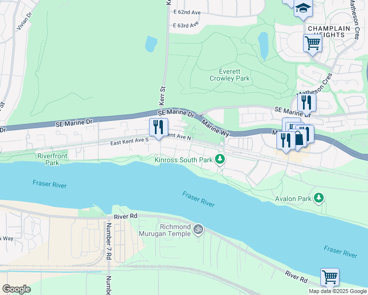 map of restaurants, bars, coffee shops, grocery stores, and more near 3163 Riverwalk Avenue in Vancouver