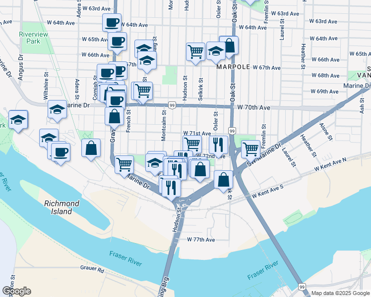 map of restaurants, bars, coffee shops, grocery stores, and more near 8772 Hudson Street in Vancouver
