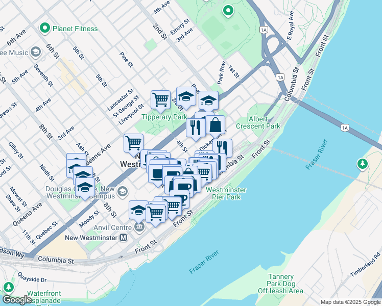map of restaurants, bars, coffee shops, grocery stores, and more near 338 Agnes Street in New Westminster