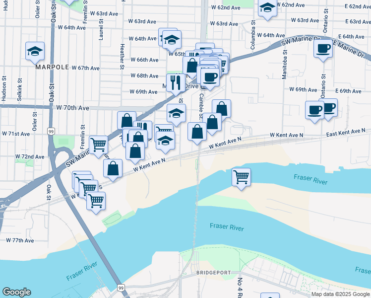 map of restaurants, bars, coffee shops, grocery stores, and more near 8770 Ash Street in Vancouver