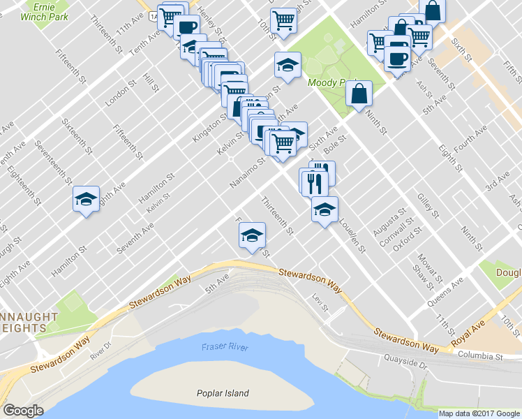 map of restaurants, bars, coffee shops, grocery stores, and more near in New Westminster