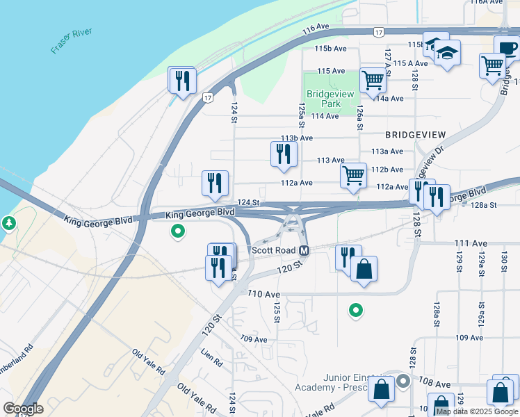 map of restaurants, bars, coffee shops, grocery stores, and more near 705 124 Street in Surrey
