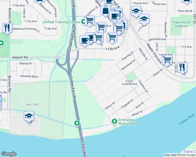 map of restaurants, bars, coffee shops, grocery stores, and more near 20110 Ospring Street in Maple Ridge