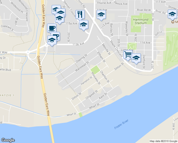 map of restaurants, bars, coffee shops, grocery stores, and more near 11185 Princess Street in Maple Ridge