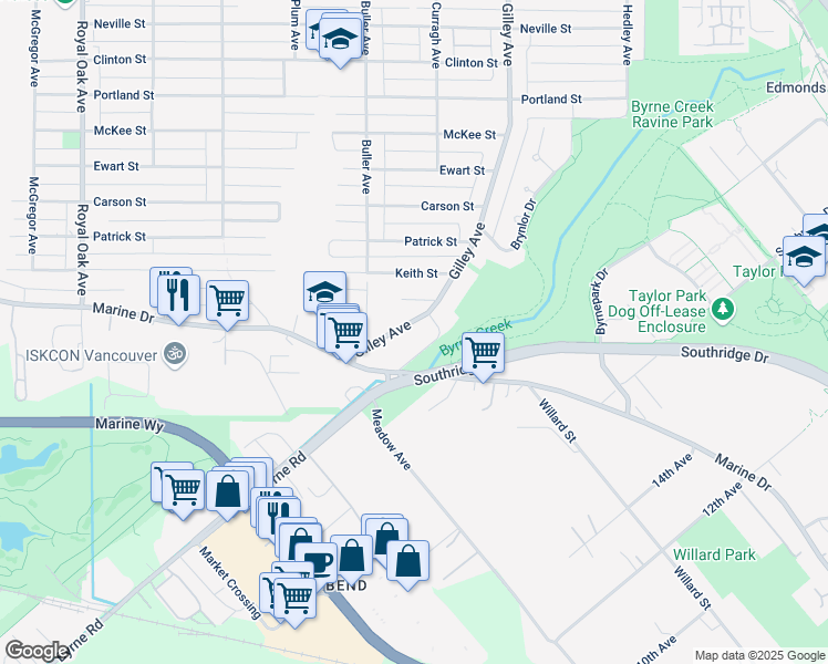 map of restaurants, bars, coffee shops, grocery stores, and more near 8626 Gilley Avenue in Burnaby