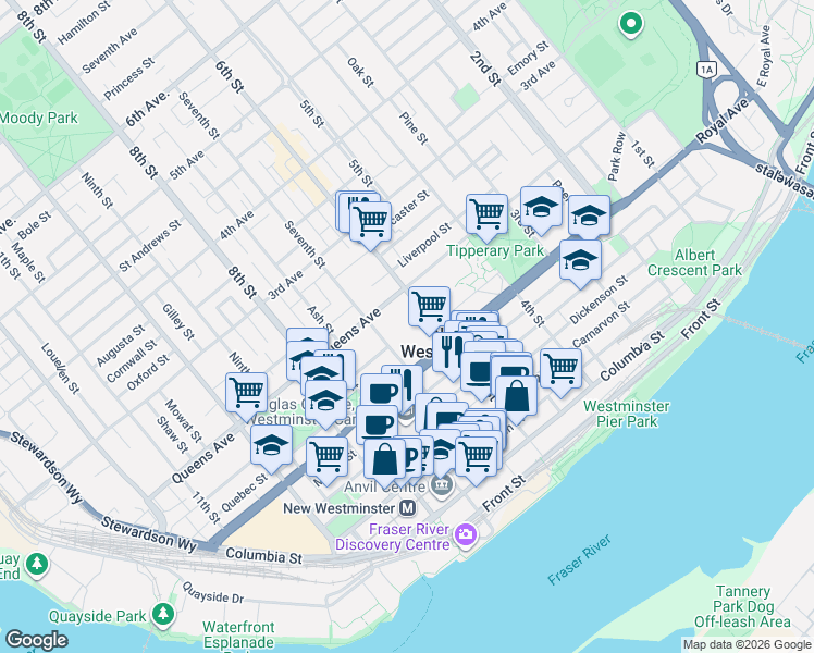map of restaurants, bars, coffee shops, grocery stores, and more near in New Westminster