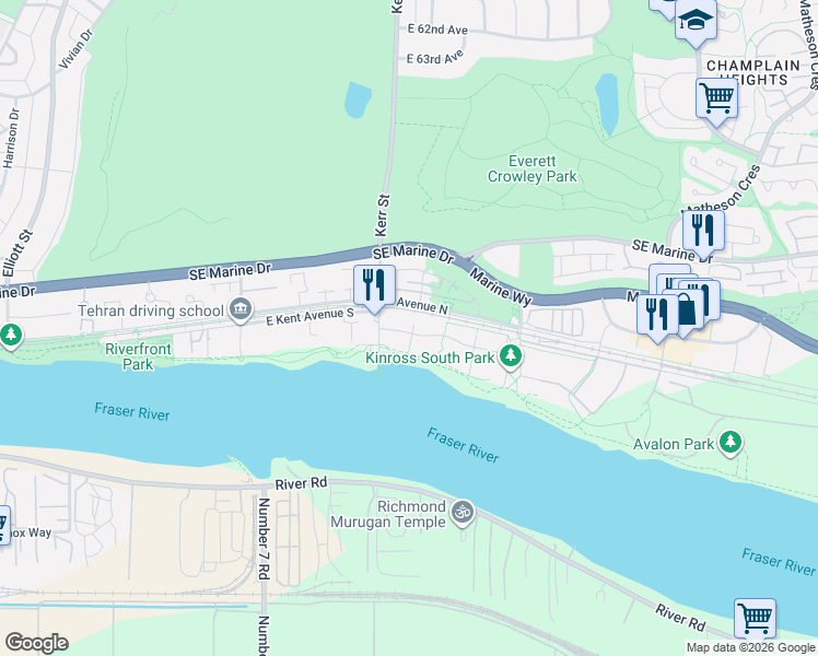 map of restaurants, bars, coffee shops, grocery stores, and more near 3133 Riverwalk Avenue in Vancouver