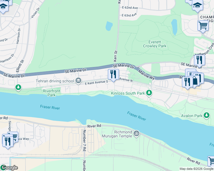 map of restaurants, bars, coffee shops, grocery stores, and more near 8527 Aquitania Place in Vancouver