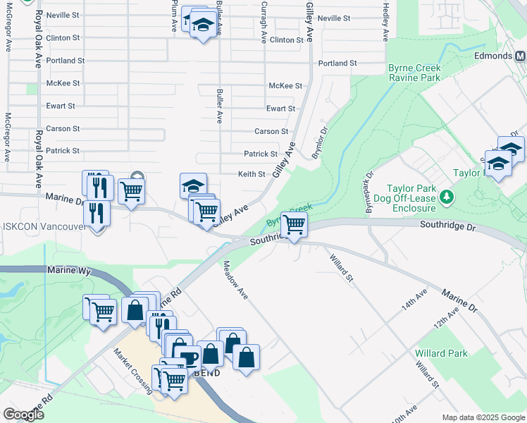 map of restaurants, bars, coffee shops, grocery stores, and more near 6097 Byrne Road in Burnaby