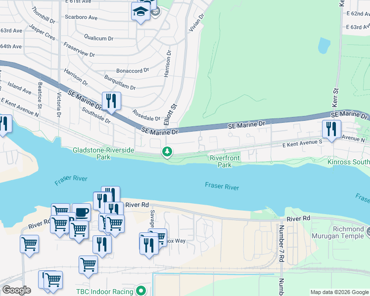 map of restaurants, bars, coffee shops, grocery stores, and more near 2545 East Kent Avenue North in Vancouver