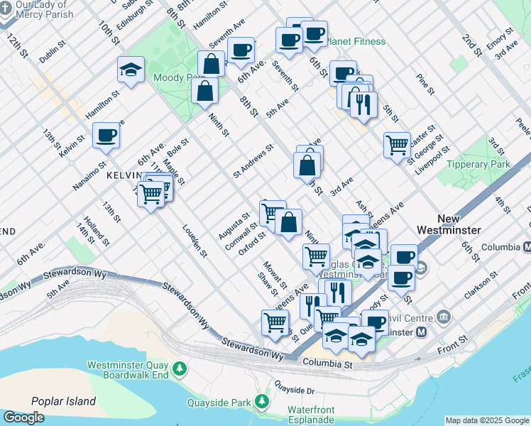 map of restaurants, bars, coffee shops, grocery stores, and more near 321 10th Street in New Westminster