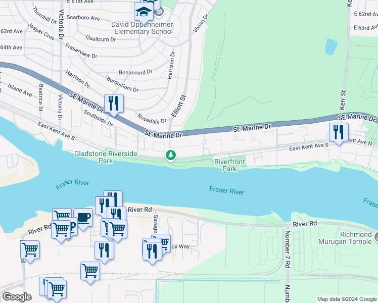 map of restaurants, bars, coffee shops, grocery stores, and more near 2545 East Kent Avenue North in Vancouver