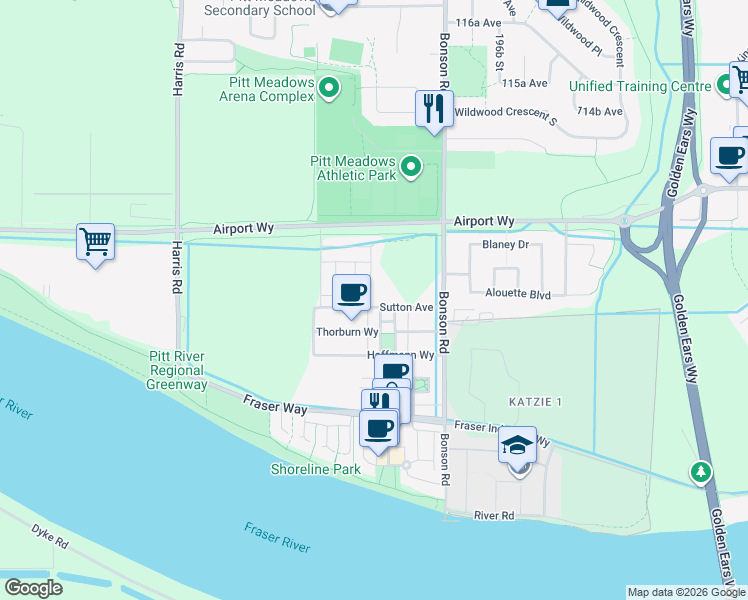 map of restaurants, bars, coffee shops, grocery stores, and more near 19479 Thorburn Way in Pitt Meadows