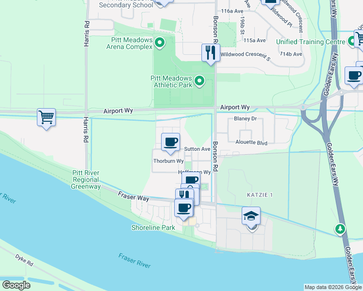 map of restaurants, bars, coffee shops, grocery stores, and more near 19451 Sutton Avenue in Pitt Meadows