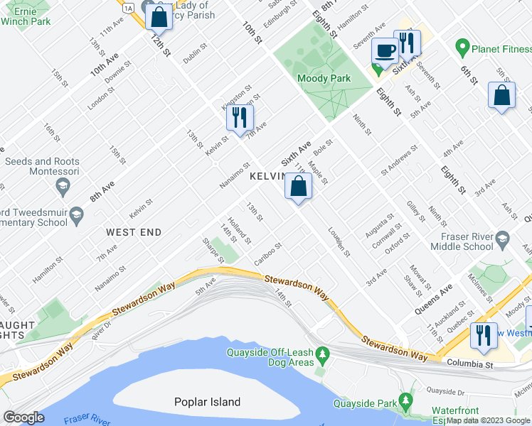 map of restaurants, bars, coffee shops, grocery stores, and more near 511 13th Street in New Westminster