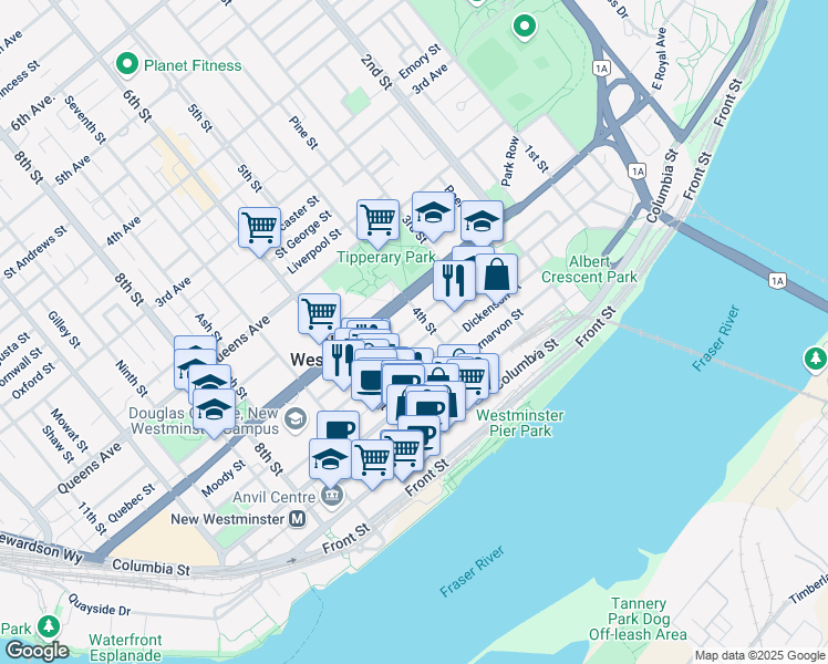 map of restaurants, bars, coffee shops, grocery stores, and more near 407 Agnes Street in New Westminster