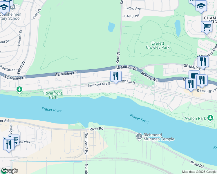 map of restaurants, bars, coffee shops, grocery stores, and more near 8533 Aquitania Place in Vancouver