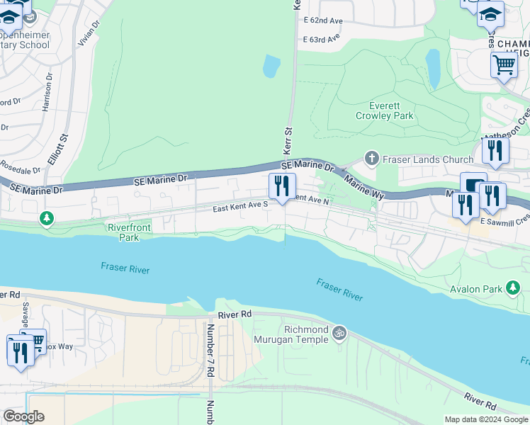 map of restaurants, bars, coffee shops, grocery stores, and more near 8533 Aquitania Place in Vancouver