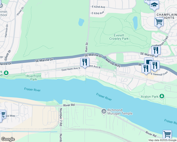 map of restaurants, bars, coffee shops, grocery stores, and more near 115 Riverwalk Avenue in Vancouver