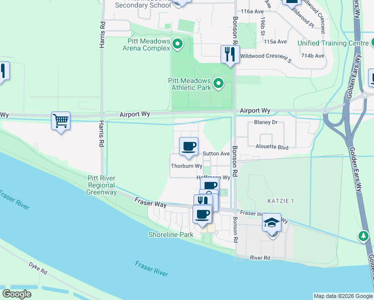 map of restaurants, bars, coffee shops, grocery stores, and more near 19479 Thorburn Way in Pitt Meadows