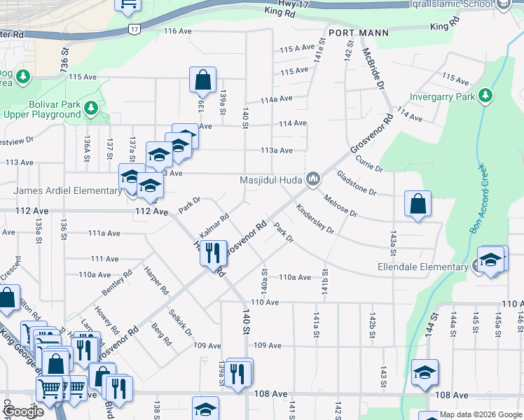 map of restaurants, bars, coffee shops, grocery stores, and more near in Surrey