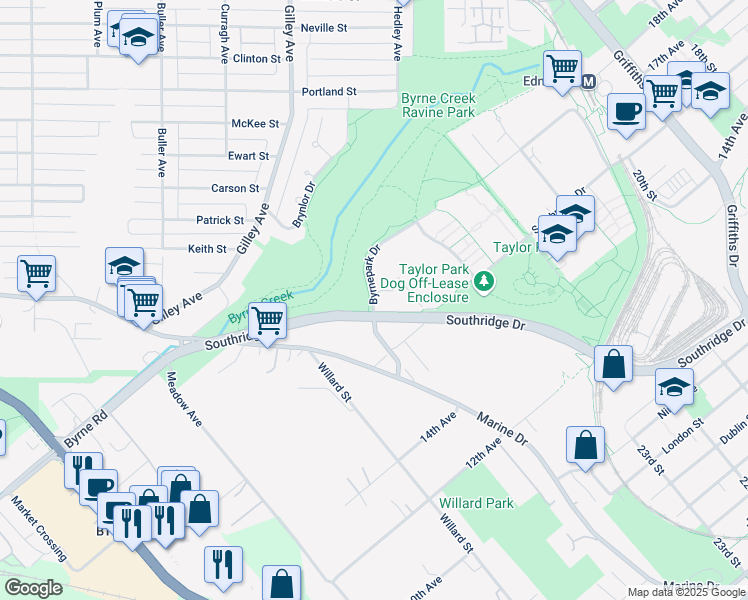 map of restaurants, bars, coffee shops, grocery stores, and more near Byrne Park Drive in Burnaby