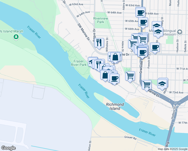 map of restaurants, bars, coffee shops, grocery stores, and more near 1750 W 75 Ave in Vancouver