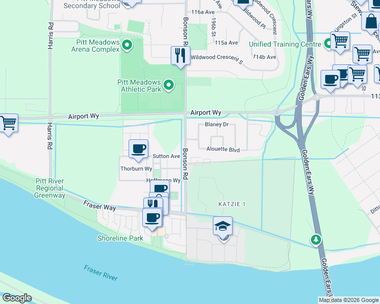 map of restaurants, bars, coffee shops, grocery stores, and more near 11208 Bonson Road in Pitt Meadows