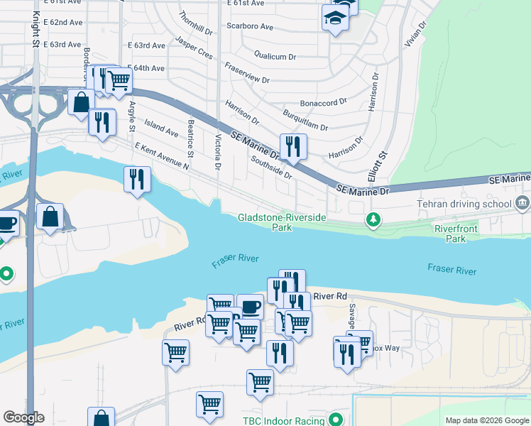map of restaurants, bars, coffee shops, grocery stores, and more near 2178 East Kent Avenue South in Vancouver