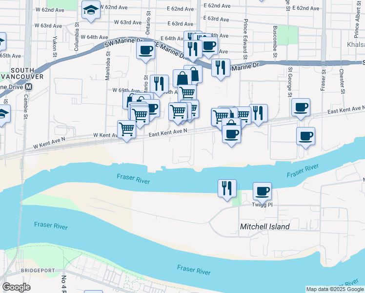 map of restaurants, bars, coffee shops, grocery stores, and more near 8601 Main Street in Vancouver