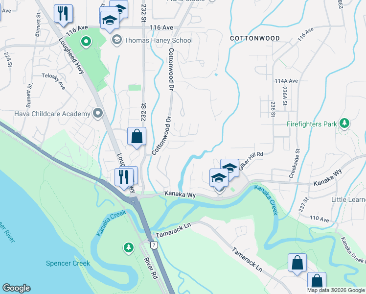 map of restaurants, bars, coffee shops, grocery stores, and more near 11252 Cottonwood Drive in Maple Ridge