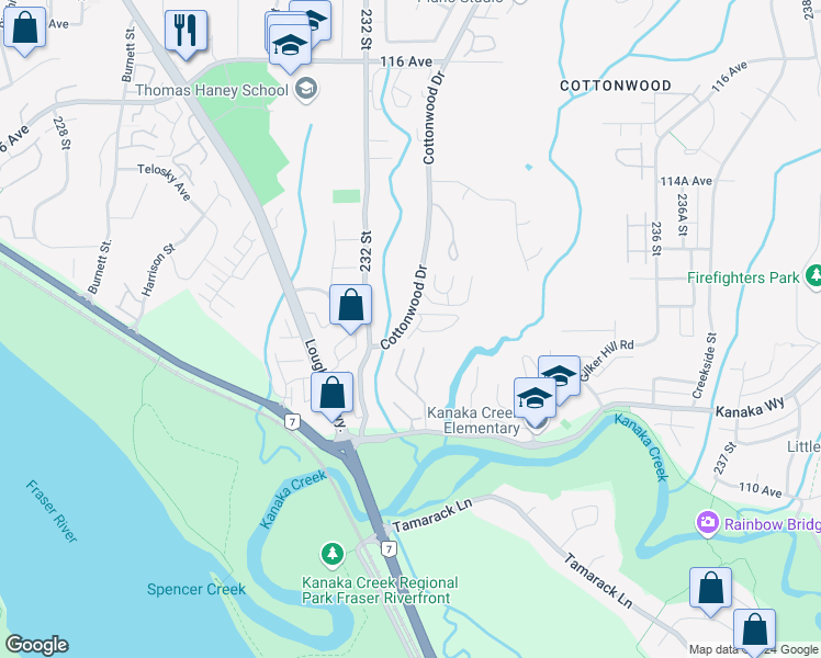 map of restaurants, bars, coffee shops, grocery stores, and more near 76 Cottonwood Drive in Maple Ridge