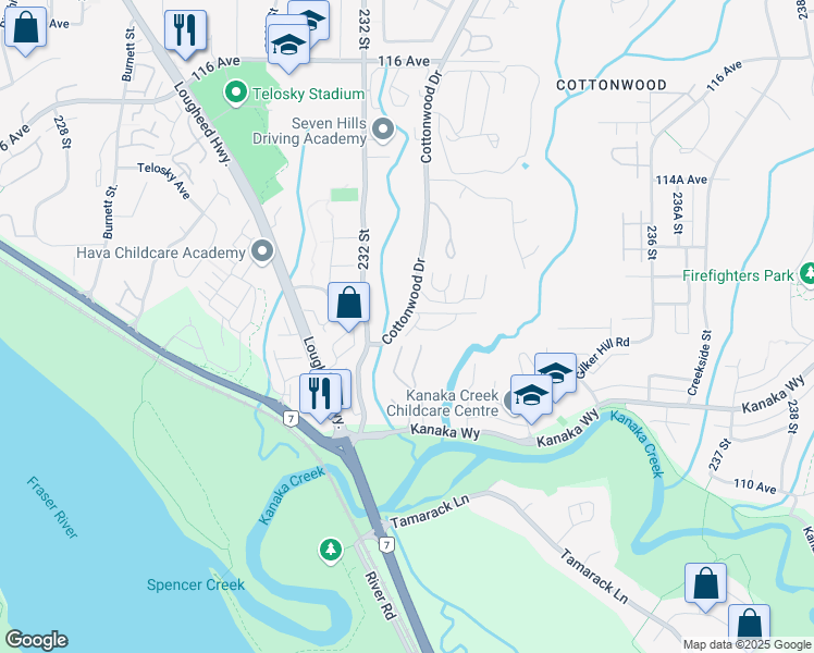 map of restaurants, bars, coffee shops, grocery stores, and more near 76 Cottonwood Drive in Maple Ridge