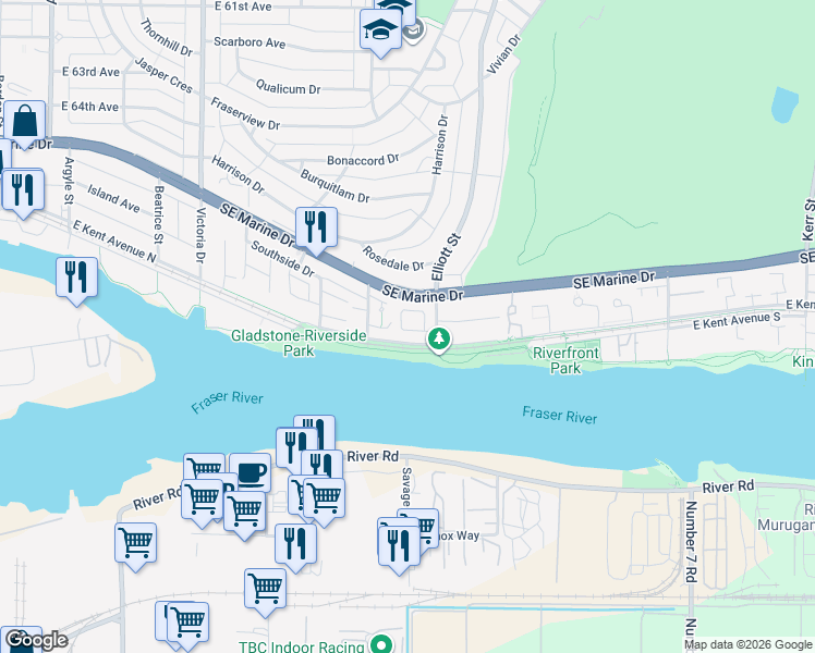 map of restaurants, bars, coffee shops, grocery stores, and more near 2387 Quayside Court in Vancouver