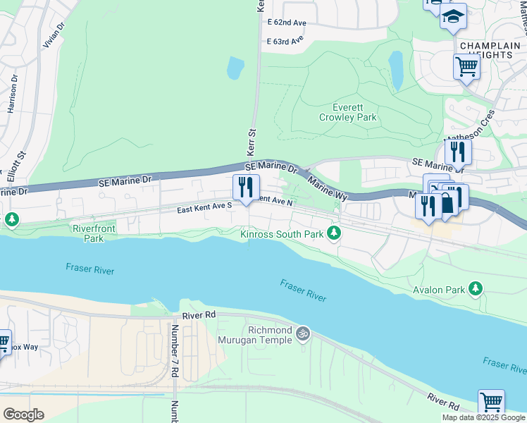 map of restaurants, bars, coffee shops, grocery stores, and more near 3133 Riverwalk Avenue in Vancouver