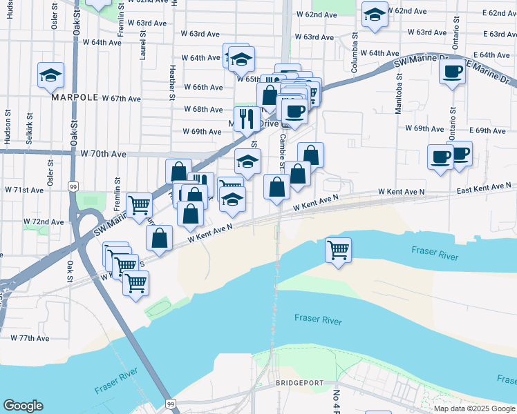 map of restaurants, bars, coffee shops, grocery stores, and more near 8770 Ash Street in Vancouver