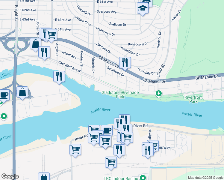 map of restaurants, bars, coffee shops, grocery stores, and more near 2162 East Kent Avenue South in Vancouver