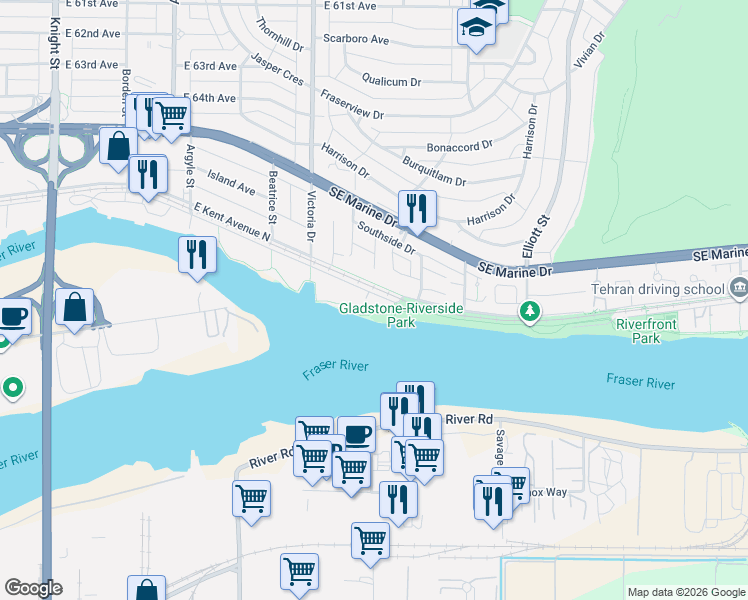 map of restaurants, bars, coffee shops, grocery stores, and more near 2162 East Kent Avenue South in Vancouver
