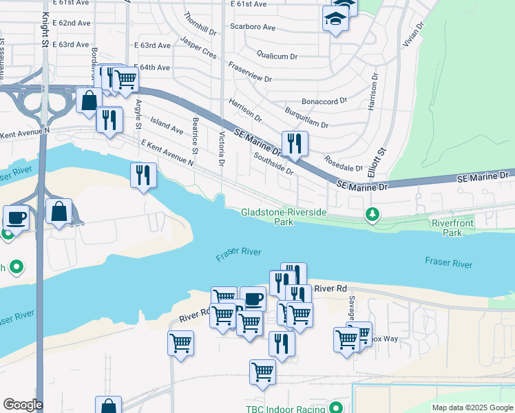map of restaurants, bars, coffee shops, grocery stores, and more near 2138 East Kent Avenue South in Vancouver
