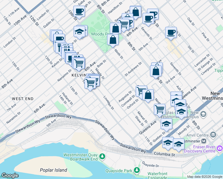 map of restaurants, bars, coffee shops, grocery stores, and more near 1036 Saint Andrews Street in New Westminster