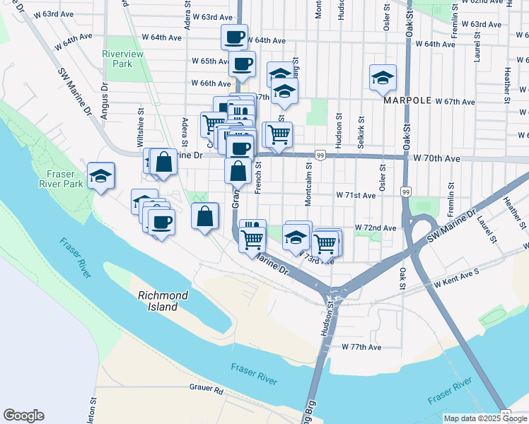 map of restaurants, bars, coffee shops, grocery stores, and more near in Vancouver