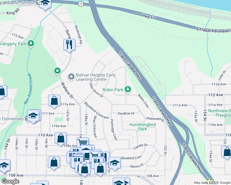 map of restaurants, bars, coffee shops, grocery stores, and more near in Surrey